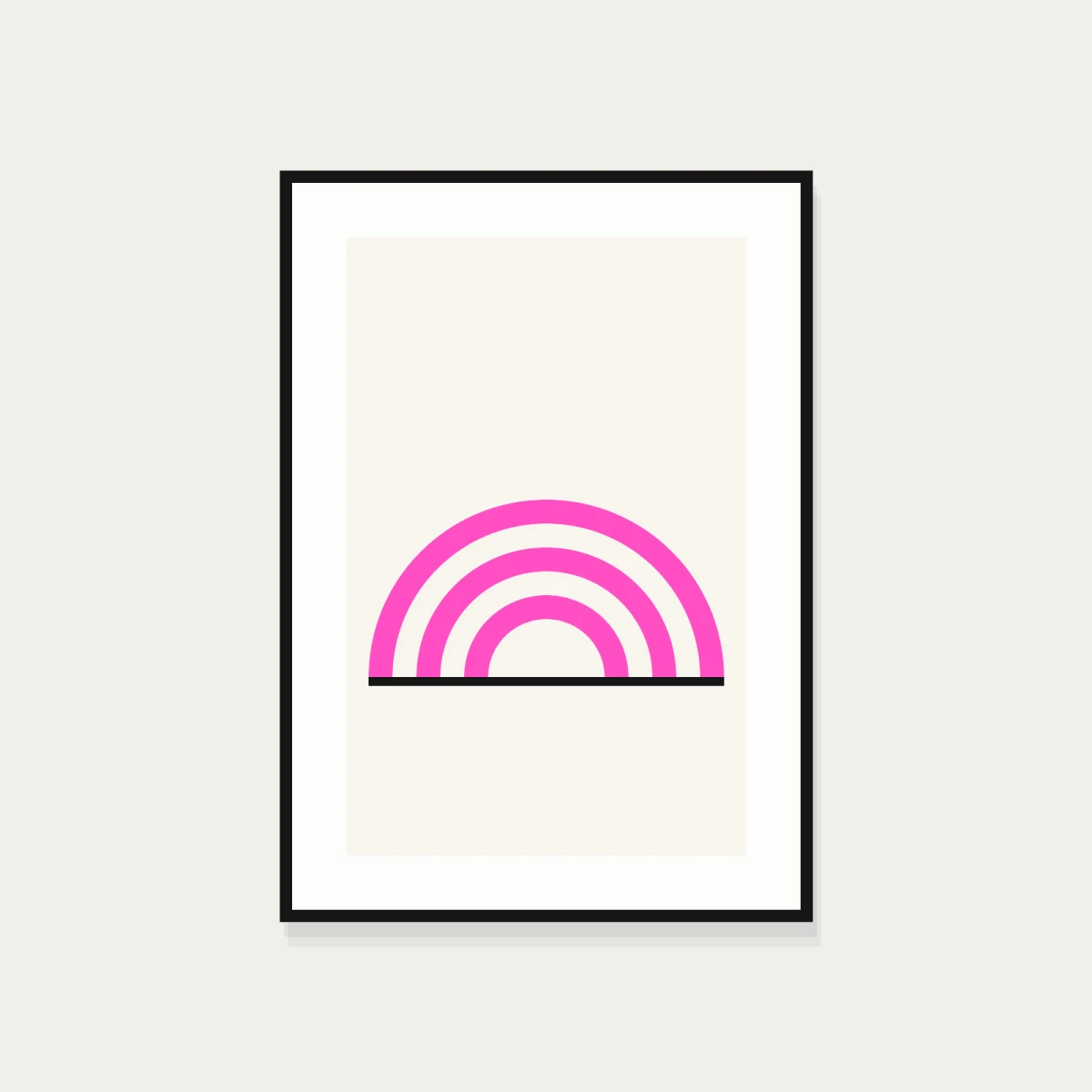 Framed print of concentric pink arcs above a black baseline