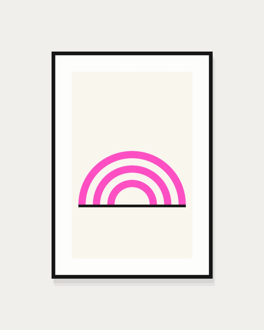 Framed print of concentric pink arcs above a black baseline