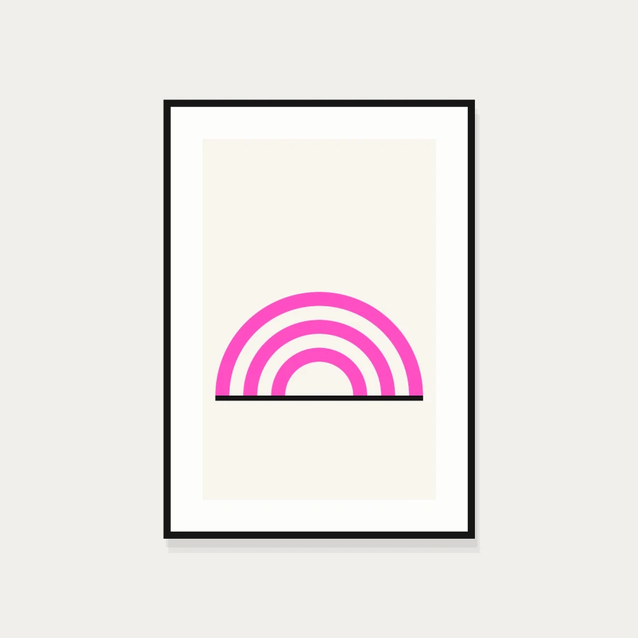 Framed print of concentric pink arcs above a black baseline