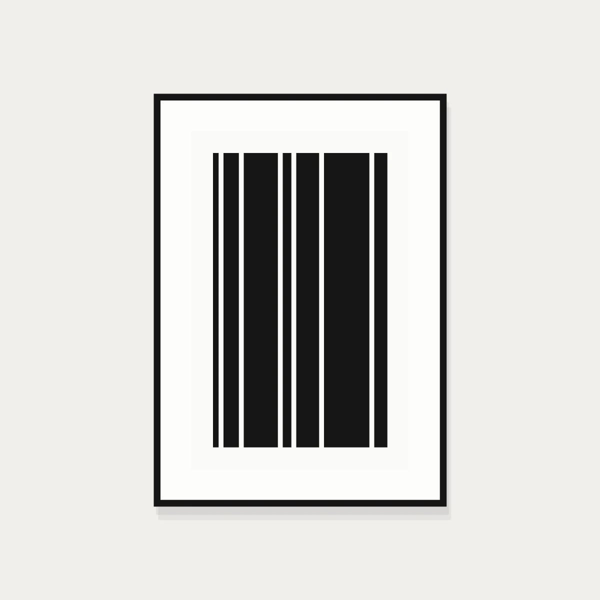 Framed print of black vertical bars in varying widths