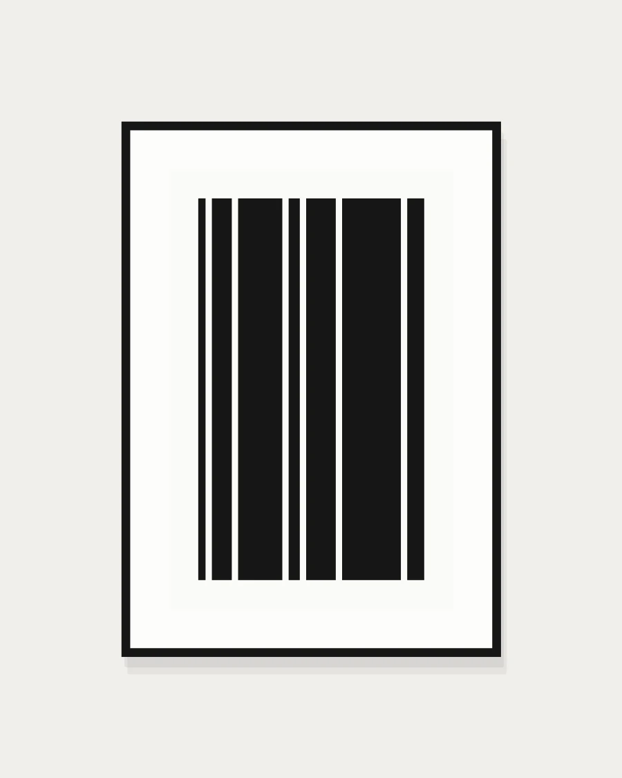 Framed print of black vertical bars in varying widths
