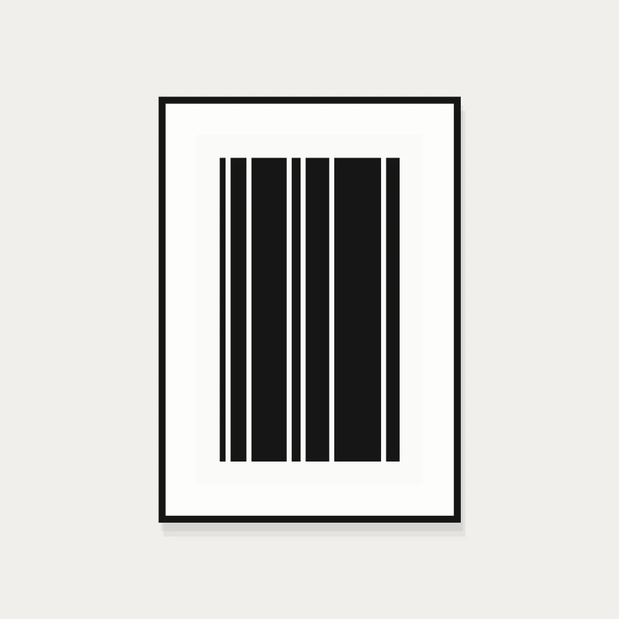 Framed print of black vertical bars in varying widths