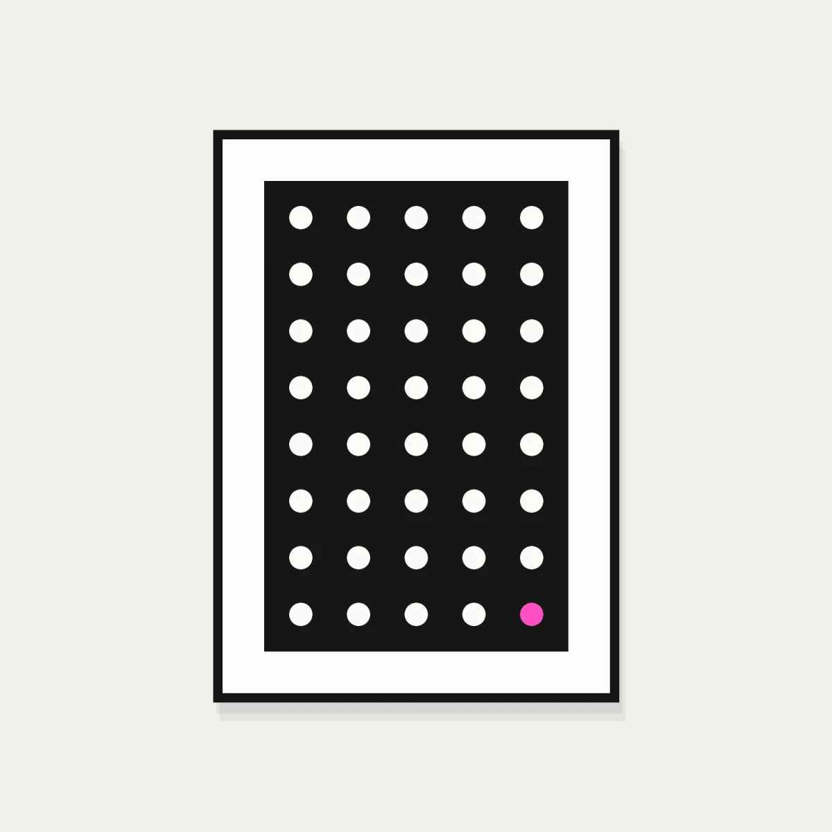 Framed print of a white dot grid on black with one pink dot