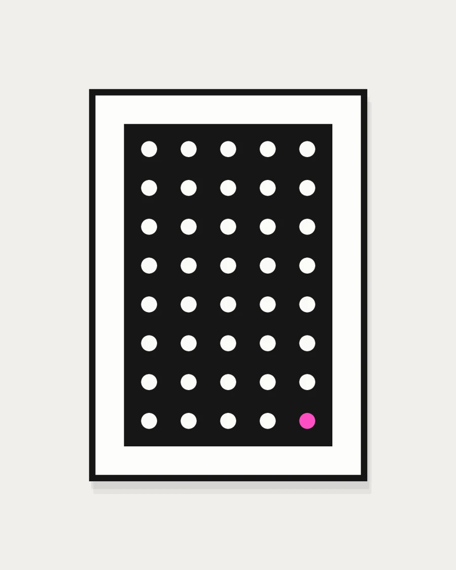 Framed print of a white dot grid on black with one pink dot