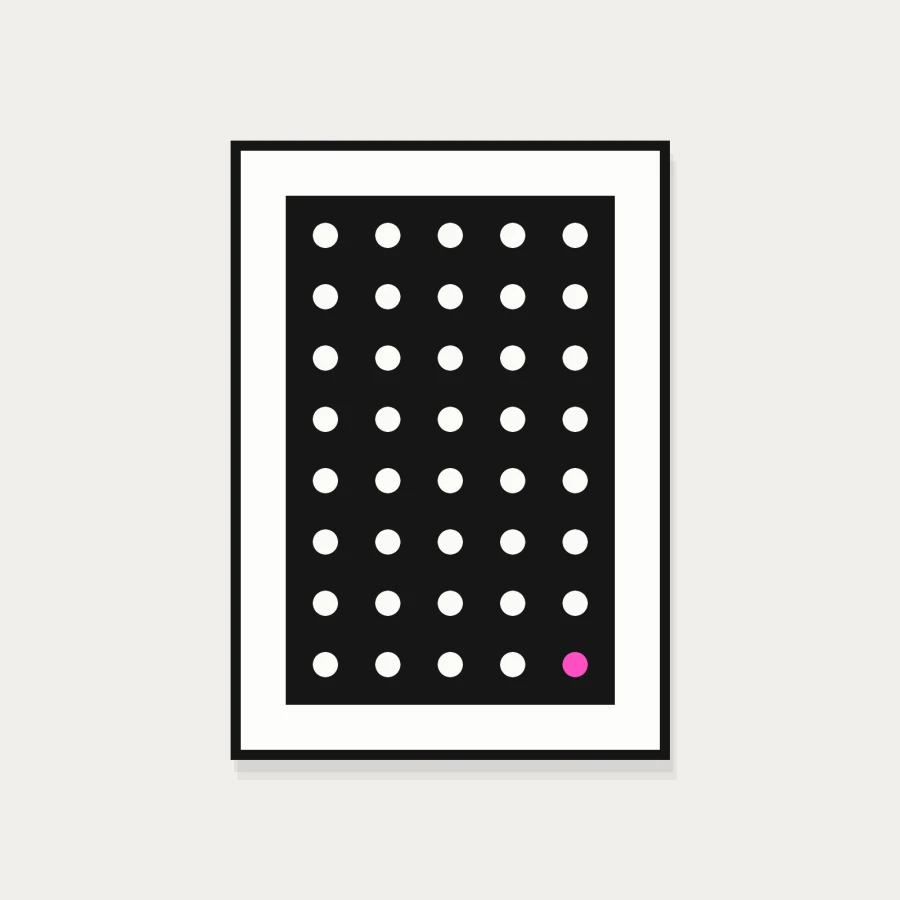 Framed print of a white dot grid on black with one pink dot